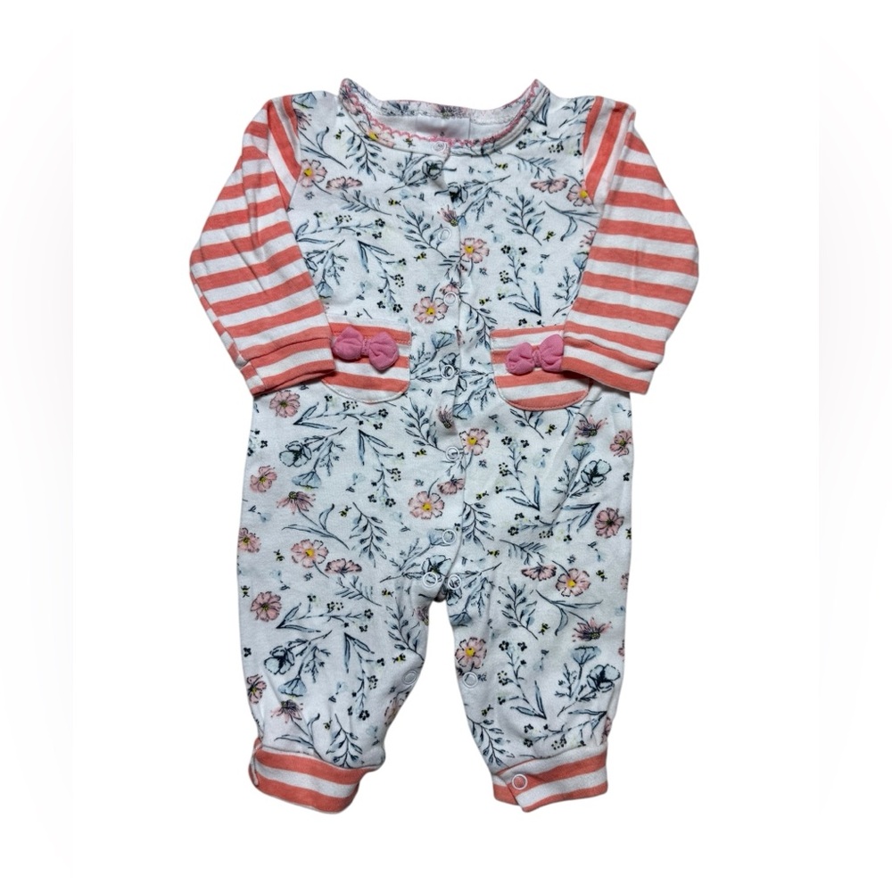 Laura Ashley White Floral & Coral Striped Baby Romper